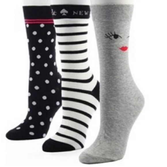 🎊HP 3 Pairs KATE SPADE Gray Black WINK Polka Dot Striped Trouser Crew Socks NIP - Picture 13 of 13